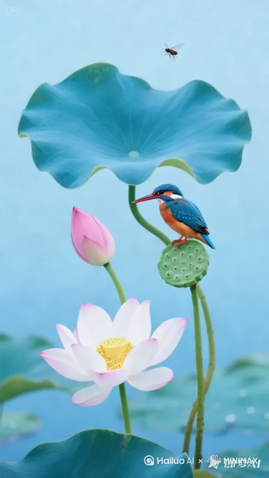 荷花荷叶在风中摇曳，水面泛起涟漪，小鸟在唱歌。[左移,右摇,跟随] by Hailuo AI Video Generator