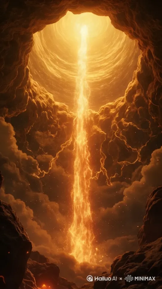 Cinematic wide shot of burning meteorites falling from a cracked sky, golden data streams flowing inside the cracks, epic fantasy style, slow zoom out with parallax effect by Hailuo AI Video Generator