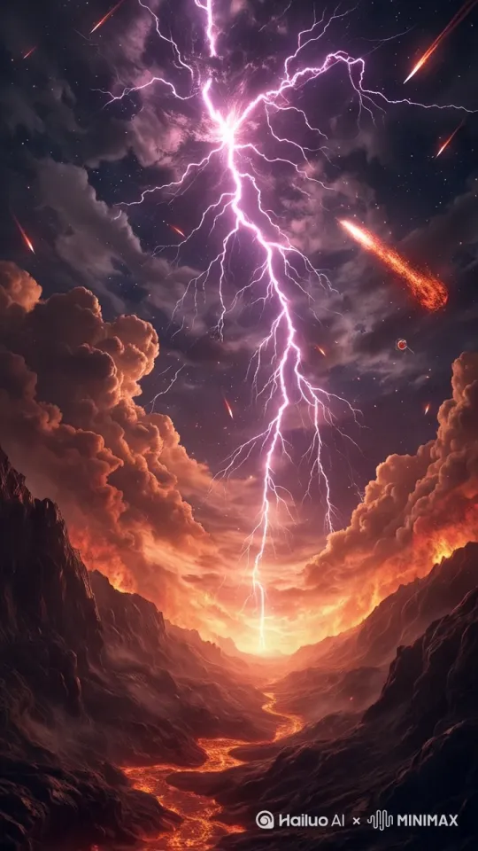 态破碎的天穹，流动的紫黑雷霆特效，陨石拖尾火焰坠落动画，大地持续龟裂岩浆涌出，末日环境粒子特效，玄幻写实风格，每秒24帧，8K分辨率 by Hailuo AI Video Generator