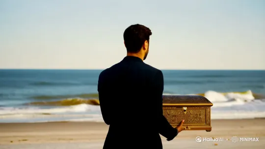 视频背景在海边，一个男人背对着镜头低着头向前快速行走，手上捧着一个很的大打开着的潘多拉宝盒 by Hailuo AI Video Generator