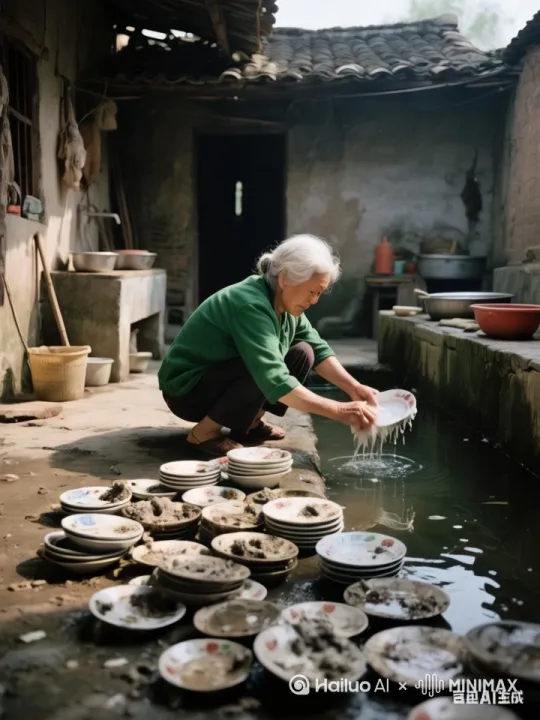 大妈手臂一挥，地上所有的盘子在空中极速旋转、疯狂旋转，随后整齐的堆放在一起 by Hailuo AI Video Generator