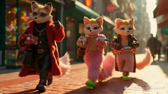 "3 anthropomorphic fox demons walking laughing on urban sidewalk: handsome male in crimson fur, sharp jaw, amber eyes; beautiful female in pink-ombre fur, peach eyes; cute child in red-pink leather. All with white fox ears, gold gear necklaces. Camera pulls back slowly, tracking their movement. Brick sidewalk reflects rainbow light from shop windows, fur waving, metal chains swinging. Hyper-realistic dynamic materials, 9:16 vertical video, cinematic tracking shot, --v 5.2 --ar 9:16 --style raw --q 2 --s 750" by Hailuo AI Video Generator