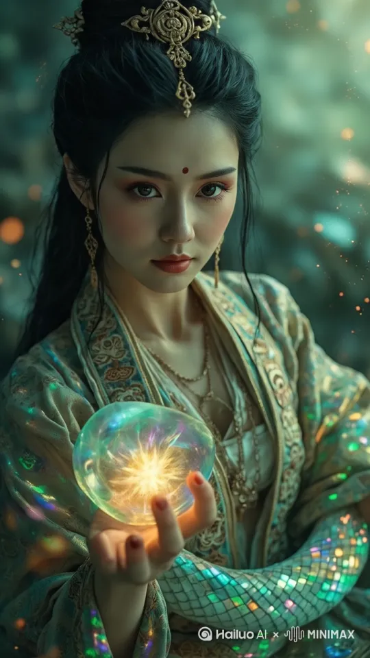 中景仰拍女娲从灵石中苏醒，蛇尾缓缓盘绕，长发随风飘动，双眸金光闪烁，镜头推近面部特写，空灵吟唱音效 by Hailuo AI Video Generator