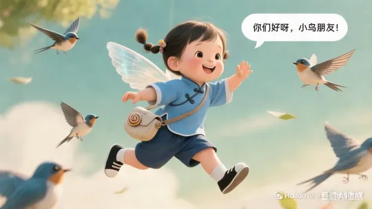 突出动态飞行及小鸟跟随的画面:
摇镜头,镜头跟随小女孩,女孩在晴朗的天空中像飞鸟一样,双腿一蹬欢快往前方飞去,周围几只小鸟灵动振翅,紧紧跟随着她飞行的轨迹,背景是飘着云朵、点缀绿叶的清新蓝天, by Hailuo AI Video Generator