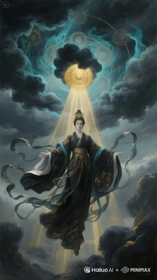 仙侠玄幻风格，围绕神圣降临主题，以慢节奏动态展现仙尊与天地异象的互动，营造肃穆神性氛围。仙尊身着黑金绣纹古装悬浮空中，双臂保持慈悲接引的舒展姿态。青蓝飘带与暗金衣袂如丝绸般螺旋式轻柔扬起，褶皱层次分明，动态速度为常规的0.6倍。身体每8秒缓慢自转15度，强化悬浮的神圣韵律。
 
头顶金色光轮呈呼吸式明暗循环，每3秒亮度起伏一次，光晕向外扩散涟漪特效，射线光束随光轮轻微颤动。环绕光轮的青金符文呈漩涡式流转，外层低速、内层稍快，形成视觉层次。深灰云团如水墨晕染般缓慢涌动，并非暴戾流动，以此衬托圣光圣洁，动态速度为常规的0.5倍。
镜头运动设计：开篇以低角度仰拍起势，镜头从云层底部向上推，逐步显露出仙尊足部直至全身，持续3秒。中段以仙尊为中心，逆时针缓慢环绕拍摄，同步轻微上移，完整展现光轮与符文阵列，持续5秒。结尾镜头停驻仙尊胸前高度，光轮光芒短暂增强后收敛，持续2秒。
 
特效与氛围强化：光轮洒下的金辉随镜头运动明暗渐变，镜头上移时，光束从聚焦人物自然过渡到穿透云层，末端渐隐。金色与青蓝色光尘粒子在仙尊周围缓缓升腾，距离越远密度越稀疏，模拟仙气萦绕，粒子速度为常规的0.4倍。整体动态速度≤常规的0.8倍，搭配低频圣咏与符文嗡鸣音效，音效频率同步光轮呼吸节奏，强化神性沉浸感。 by Hailuo AI Video Generator