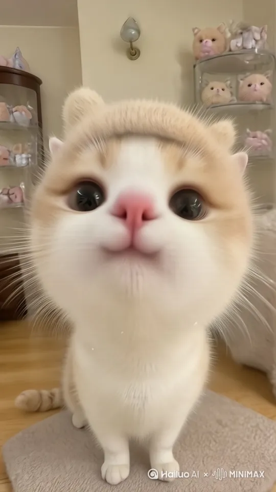 镜头跟随，小猫向前走两步，抬头嗅了嗅镜头，一只手轻柔地把浅蓝紫色水晶皇冠戴在猫咪头上，动作流畅自然，不希望呈现的内容扭曲、拼接、抽象、穿模、压扁、颗粒感、低质量、变形、掉帧 by Hailuo AI Video Generator