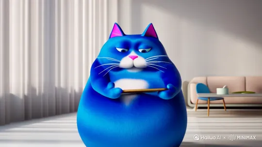 3D动画风格，画面主体是一只蓝色的胖猫，耳朵内侧为粉色，有着白色的胡须和粉色的鼻子。这只猫拿着手机手机不停点屏幕，最后暴走把手机丢掉，全身冒火焰，看起来很生气 by Hailuo AI Video Generator