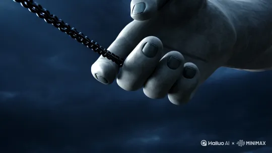 阴暗的天空，一只巨大手掌悬空而立，而在手掌中攥着一条漆黑的铁链，铁链垂直而下，尽头出连接着一个巨大的牢笼，而牢笼里尽是些卑微的众生！电影质感[右移,左摇,跟随][推出,上升,下摇][推进,上升][右摇,变焦推进] by Hailuo AI Video Generator