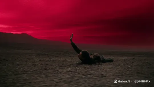 血色的天空下，一个匍匐在地的男人，努力的像上伸出手，好像要得到救赎似的，卑微的如蝼蚁一样，真的很狼狈！电影质感！[左移,上升][右移,左摇,跟随][推出,上升,下摇][右摇,变焦推进] by Hailuo AI Video Generator
