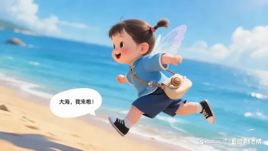 女婴从天上降落。翅膀扇动，踩着水花，欢快的一头扎进大海里。[左移,上升] by Hailuo AI Video Generator