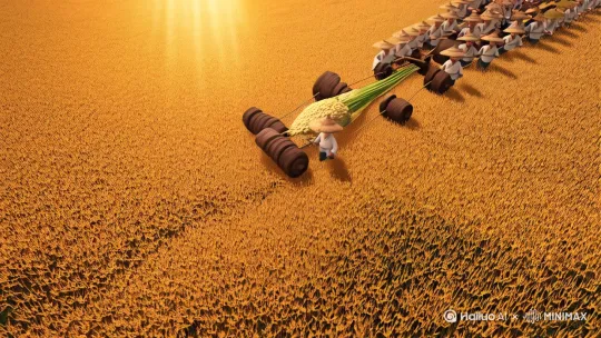 **镜头运动：**  Opening wide aerial shot → Sharp dive to low-angle tracking shot → Smooth pan to reveal scale  **提示词：** `Cinematic miniature world, tilt-shift photography, Unreal Engine 5 rendering, Hyper-detailed 8K, Fantasy ancient China meets realism, Warm golden hour palette, Volumetric atmospheric effects`   `[Wide shot → Medium tracking shot] Miniature tilt-shift, Unreal Engine 5 cinematic, Hyper-detailed ancient golden wheat field under bright daylight, Hundreds of 2cm-high ancient Chinese figures (cotton robes, straw hats) moving in coordinated teams, Struggling to transport giant grains (1m-long rice stalks, basketball-sized mung beans) using wooden rollers/rope pulleys/trained beetles, Dynamic camera glides alongside grain convoy, Depth of Field shifting from workers' strained faces to grain textures, Volumetric dust motes in sunbeams, Background: Distant thatched warehouses & windmills, Sound design: Grinding logs, rhythmic chants, beetle chirps` by Hailuo AI Video Generator