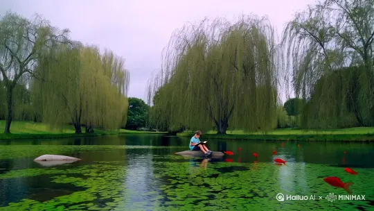 池塘，天空阴沉，水边一排柳树，遮天蔽日，水里水草茂盛，点点小红鱼游泳，小男孩在读书。 by Hailuo AI Video Generator