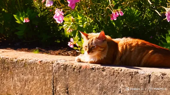 一一只猫在悠闲的晒太阳。 by Hailuo AI Video Generator