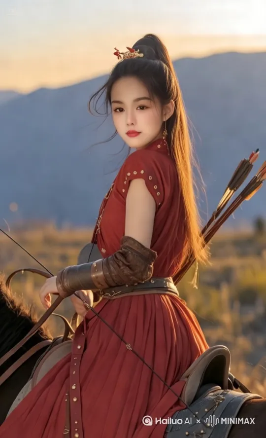 以视频美女骑马为中心，180度环绕，0.5倍速。要求展现骑马射箭，向前奔腾，8K by Hailuo AI Video Generator