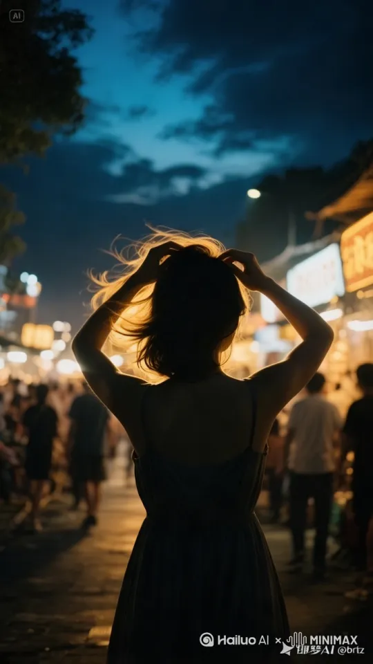 [推出,上升,下摇]夏日夜晚的夜市街头，女孩整理好被风吹乱的秀发，回眸一笑百媚生 by Hailuo AI Video Generator