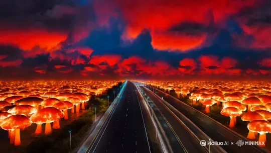 在一条宽阔的公路上，天空中布满了密密麻麻的火烧云。那火烧云仿佛是无数朵燃烧的棉花糖堆积在一起，色彩从鲜艳的橙红一直延伸到深沉的紫红，过渡极为绚烂。公路的黑色路面在火烧云的映照下反射出迷人的光芒，白色的交通标线清晰醒目。路边的路灯刚刚亮起，与天空中的霞光相互呼应。火烧云的形状变幻无穷，有的像巨大的蘑菇，有的像腾飞的凤凰。在高清的实拍画面里，每一片云彩的细节都细腻逼真，公路上的微小颗粒和纹理都清晰可察。温暖而强烈的光线照亮了整个场景，营造出一种热烈而神秘的氛围。从正面俯瞰的视角望去，公路笔直地伸向远方，仿佛要将人带入那梦幻般的云霞之中。摄影风格，广角航拍镜头，光线追踪渲染，暖色调为主，正面俯瞰视角，32K。 by Hailuo AI Video Generator