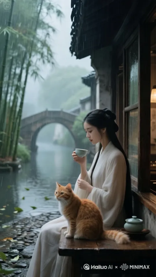 [左移,右摇,跟随]小猫向女孩胳膊靠近，女孩微笑用手轻抚小猫头。微风拂过竹影摇曳，小雨淅沥沥 by Hailuo AI Video Generator