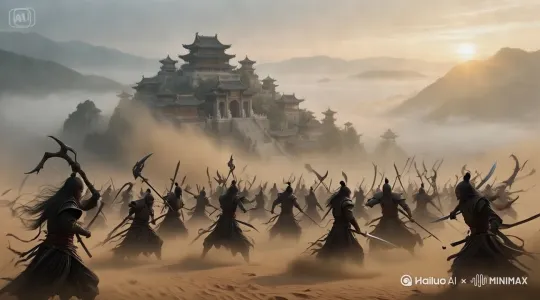 魔教众人往建筑物冲去 by Hailuo AI Video Generator