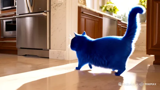 蓝色的胖猫走到冰箱面前想打开冰箱 by Hailuo AI Video Generator