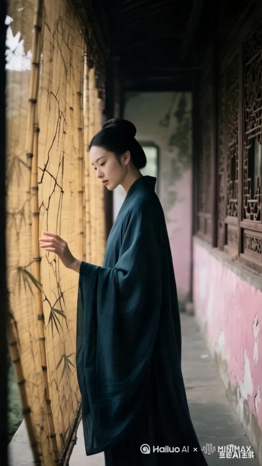 全景转特写：李清照缓步穿过庭院，指尖抚过廊下旧竹帘，镜头特写她指尖在褪色竹纹上停顿。
AI提示词：女子侧身行走，深青披风随动作飘动，竹帘泛黄有裂痕，背景是雕花木窗与斑驳粉墙。 by Hailuo AI Video Generator