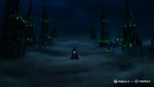 画面中，[推进,上升]阴曹地府弥漫着浓稠的黑色雾气，似浓稠的墨汁在缓缓流动。阴森的鬼火在雾气中闪烁不定，犹如一双双幽绿的眼睛窥视着一切。高大的冥府建筑在黑暗中隐隐浮现，那阴森的轮廓仿佛是来自远古的巨兽。
 
[左移,推进,右摇]阎王端坐在巨大的黑色王座上，王座由黑色的岩石雕刻而成，上面镶嵌着红色的宝石，闪烁着诡异的光芒。阎王体型巨大，身着一件黑色的长袍，袍上绣着金色的符文，在幽光下微微发亮。他的脸型刚毅，眉毛如燃烧的火焰般上扬，眼睛大而圆睁，散发着冰冷的幽光，死死地盯着前方。嘴巴紧闭，露出一丝威严的笑意。
 
随着阎王开口说话，他的声音如同闷雷般在阴曹地府中回荡：“这里是阴曹地府，万物生灵，哪个不归我管？”说罢，他猛地站起身来，双手用力一挥，周围的黑色雾气瞬间被驱散开来，露出了下方密密麻麻的鬼魂。
 
接着，[右移,左摇,跟随]阎王向前踏出一步，身上的长袍随风飘动，他再次开口，声音更加洪亮：“我叫他三更死，他就活不到天明。”此时，一道红色的闪电划过黑暗的天空，照亮了他那狰狞的面容，也照亮了那些瑟瑟发抖的鬼魂。
 
镜头从远处缓缓拉近[推进,上升][推进,上升]先是展现阴曹地府的整体阴森恐怖之景，然后聚焦在阎王身上，突出他那强大的气场和威严的姿态。画面的色调以黑色和红色为主，营造出一种极度压抑和恐怖的氛围。 by Hailuo AI Video Generator