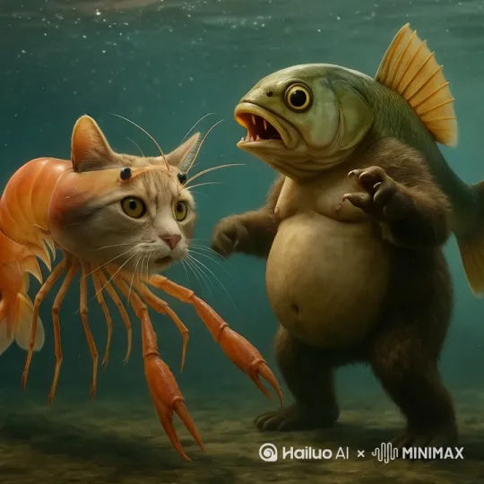 打架，鱼把虾猫打倒 by Hailuo AI Video Generator