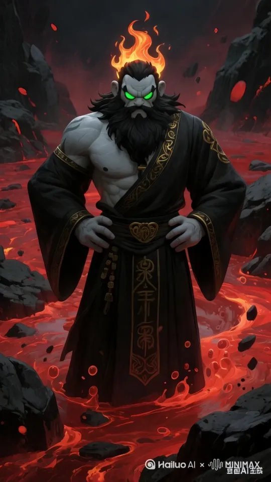 画面中，[推进,上升]阴曹地府弥漫着浓稠的黑色雾气，似浓稠的墨汁在缓缓流动。阴森的鬼火在雾气中闪烁不定，犹如一双双幽绿的眼睛窥视着一切。高大的冥府建筑在黑暗中隐隐浮现，那阴森的轮廓仿佛是来自远古的巨兽。
 
[左移,推进,右摇]阎王端坐在巨大的黑色王座上，王座由黑色的岩石雕刻而成，上面镶嵌着红色的宝石，闪烁着诡异的光芒。阎王体型巨大，身着一件黑色的长袍，袍上绣着金色的符文，在幽光下微微发亮。他的脸型刚毅，眉毛如燃烧的火焰般上扬，眼睛大而圆睁，散发着冰冷的幽光，死死地盯着前方。嘴巴紧闭，露出一丝威严的笑意。
 
随着阎王开口说话，他的声音如同闷雷般在阴曹地府中回荡：“这里是阴曹地府，万物生灵，哪个不归我管？”说罢，他猛地站起身来，双手用力一挥，周围的黑色雾气瞬间被驱散开来，露出了下方密密麻麻的鬼魂。
 
接着，[右移,左摇,跟随]阎王向前踏出一步，身上的长袍随风飘动，他再次开口，声音更加洪亮：“我叫他三更死，他就活不到天明。”此时，一道红色的闪电划过黑暗的天空，照亮了他那狰狞的面容，也照亮了那些瑟瑟发抖的鬼魂。
 
镜头从远处缓缓拉近[推进,上升][推进,上升]先是展现阴曹地府的整体阴森恐怖之景，然后聚焦在阎王身上，突出他那强大的气场和威严的姿态。画面的色调以黑色和红色为主，营造出一种极度压抑和恐怖的氛围。 by Hailuo AI Video Generator