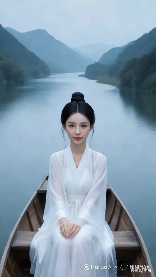 全景俯拍：李清照独坐空舟，小舟在双溪中摇晃，四周水色苍茫，远山如黛。
AI提示词：女子蜷缩船中，舟身狭小，水面波纹细碎，两岸青山层叠，色调偏冷蓝。比例 9:16。 by Hailuo AI Video Generator