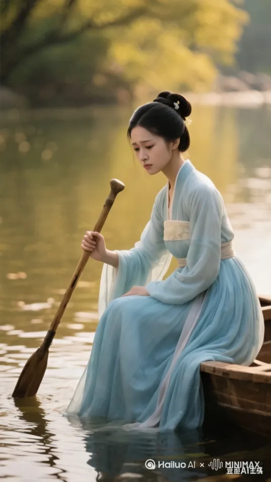 接下来我将依据《武陵春》生成两张真人场景图片，以9:16的比例呈现两个不同景别，场景大气壮观，人物为身着宋朝淡蓝色长裙、梳着发髻的女子，人物外貌和衣着固定，动作清晰。一张为全景，展现女子站在暮春的郊外，落花满地，远处山峦连绵；另一张为近景，女子坐在溪边，手持船桨，神情哀伤。 by Hailuo AI Video Generator
