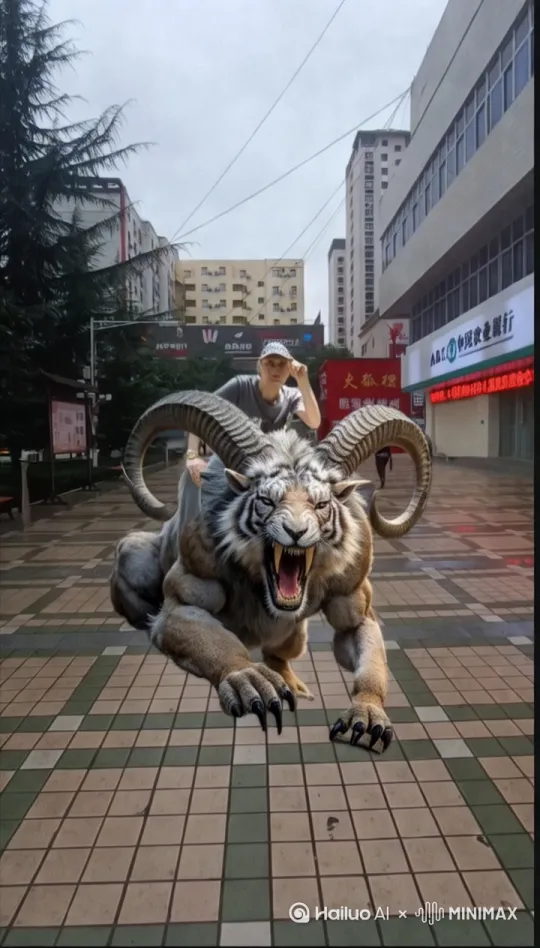 男人骑在动物身上左右张望，动物站起来转过身朝镜头远处慢慢走去，写实风格，逼真画面，32K高清画质。[拉远] by Hailuo AI Video Generator