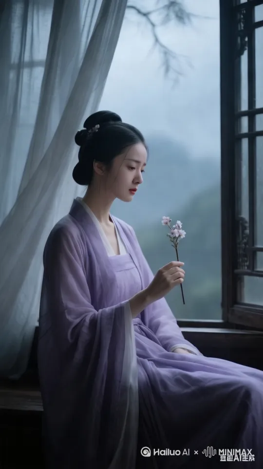 第二个景别为中景，聚焦女子坐在窗前，手持花簪，眼神哀伤。 by Hailuo AI Video Generator