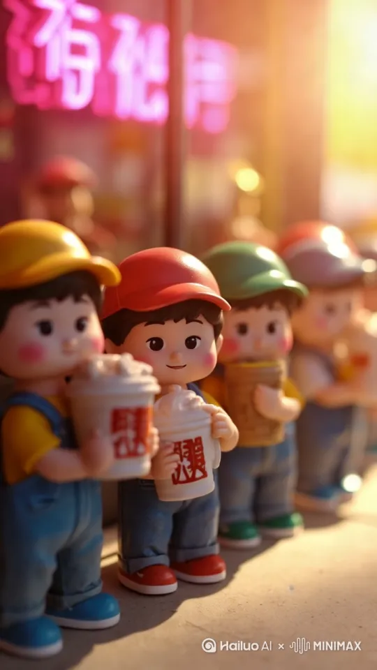 高清微缩模型，中国现代迷你呆萌小人排队买珍珠奶茶，交替踮脚、玩偶摆动动态，阳光与霓虹灯光影变化，斜侧 45 度平视，超高精度渲染，流畅眨眼与表情微动，反光奶茶杯折射光 by Hailuo AI Video Generator