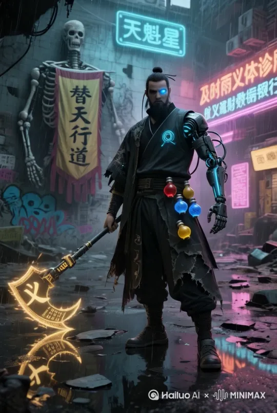 人物嘴唇微动说话，表情威严，带轻微机械感，挥舞手中武器 by Hailuo AI Video Generator