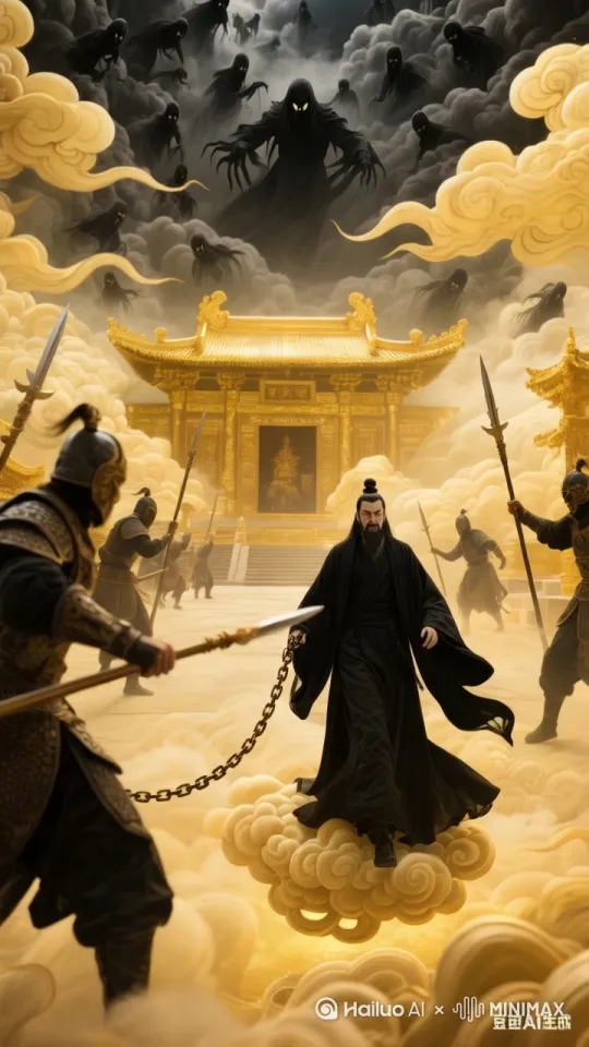- 镜头从凌霄殿飞檐斗拱的特写切入，突然被鬼差黑影撞碎，画面剧烈晃动，展现天界的混乱。
​
- 镜头后拉，展现阎罗王站在云层裂口处，锁链穿透殿门，金光与冥火在他周身爆闪，天兵天将纷纷败退。
​
- 细节：殿顶琉璃瓦被锁链扫落，砸向下方云海，凸显追击的破坏力。 by Hailuo AI Video Generator