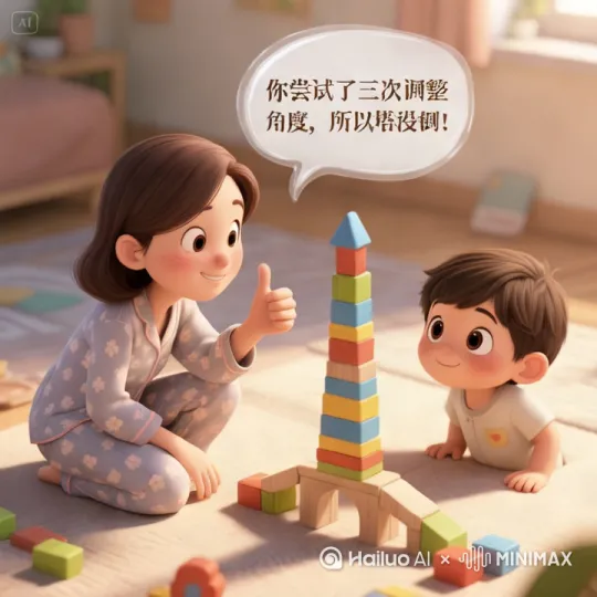 **分镜10：话术应用模板**  
`[分割画面]` 左侧母亲蹲姿平视孩子，右手竖起大拇指：“用积木当桥墩太机智了！” 右侧同步特写孩子瞳孔放大，胸膛自然挺起。中间飘浮半透明对话框，宋体字呈现“你尝试了三次调整角度，所以塔没倒！”[推进,上升] by Hailuo AI Video Generator