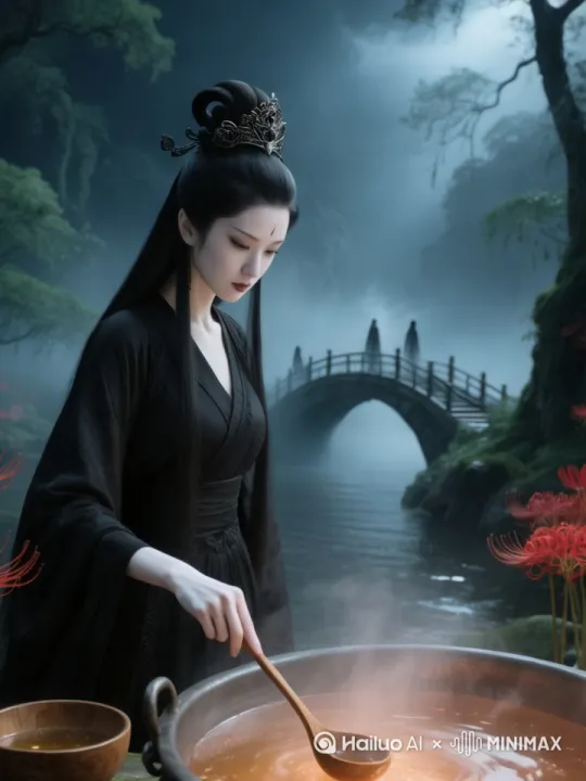 女子轻轻搅拌锅中的汤汁，雾气缓缓弥漫在周围环境，桥上人影缓缓转身前行，汤汁表面泛起阵阵涟漪，岸边的彼岸花微微颤动，女子转头看向桥边，放下勺子身体在空中一个旋身掠上桥面，彼岸花随风轻轻摇曳，桥上人影逐渐隐入雾中，汤汁热气袅袅升腾，树叶飘落于水面泛起波纹，8K3D高清电影效果真人版本第一视角，镜头跟随人物移动变换角度跟拍，左移右摇推进跟拍360旋转推出，提拉下拍上移，流畅自然 by Hailuo AI Video Generator