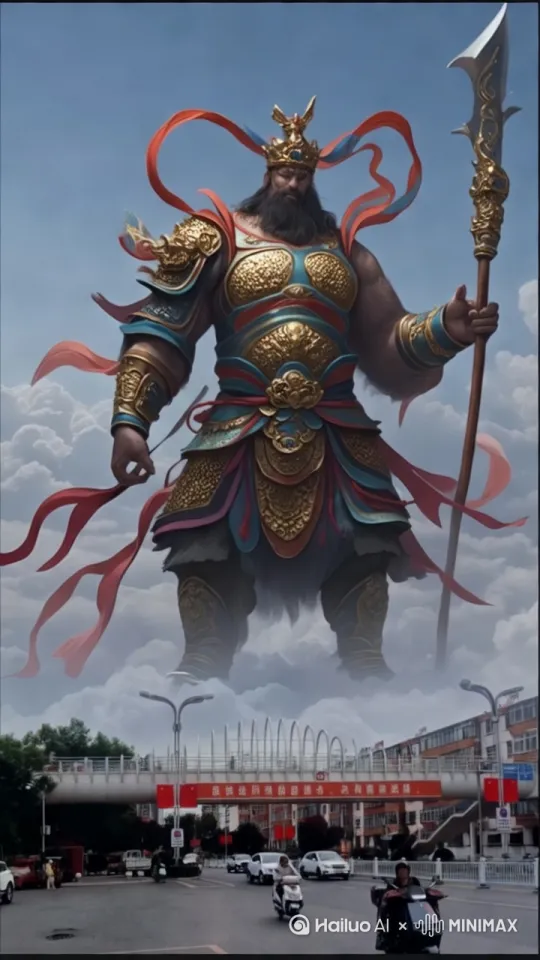 天空中的武将人物低头怒视着下面，手舞足蹈，左顾右盼。身上的红飘带随风飘扬，云层翻滚。最后人物转身慢慢朝远方飞去，越来越小。下面街道上的车辆人群快速穿梭。写实风格，逼真画面，32K高清画质。[变焦拉远] by Hailuo AI Video Generator