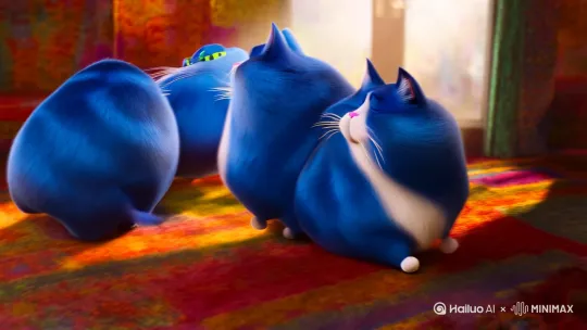 蓝色胖猫们围着转圈 by Hailuo AI Video Generator