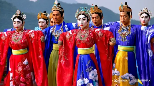 古典身韵舞，源自中国古代，是一种融合了舞蹈、武术、戏曲等多种艺术形式的舞蹈。舞者通过身体的各种姿态和动作，展现出古典舞的韵味和美感。舞者衣着华丽，装饰精美，妆容典雅，整体呈现出古时代的气势和场面宏大的氛围。衣着与装饰：衣着： 舞者常着长袍或长裙，衣料多为丝质，色彩丰富，如朱红、宝蓝、鹅黄等。衣身上绣有精美的云纹、花卉等图案，衣袖宽大，飘逸如云。装饰：头饰： 女性舞者头戴珠翠花冠，男性舞者则戴冠或巾帻。首饰： 佩戴项链、臂钏、手镯等，材质多为金、银或宝石，工艺精湛。腰饰： 腰间系有丝带或玉带，增加舞动的飘逸感。妆容：面部妆容典雅，眉如远山，眼如秋水，唇红齿白。额间点有花钿，为金、银或宝石制成，增添神秘感。 【要求】 采用写实复古的风格，注重细节的刻画和色彩的运用。结合初唐的人文和社会环境特点，展现出大唐的气势和场面宏大的氛围。注重人物表情和内心的愉悦，使观者能够感受到敦煌舞蹈的底韵和特色。立体感 真实感 大景深 自然曝光 竖版写实照片风格 1080p 高清画质 画面靓丽 色彩协调 历史厚重感 专业级 by Hailuo AI Video Generator