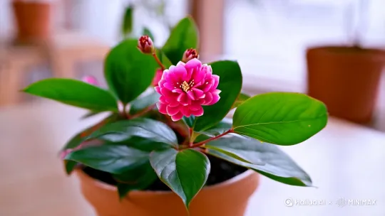 在花盆中，茶花花枝发出新芽的动态过程，镜头从左到右环绕 by Hailuo AI Video Generator