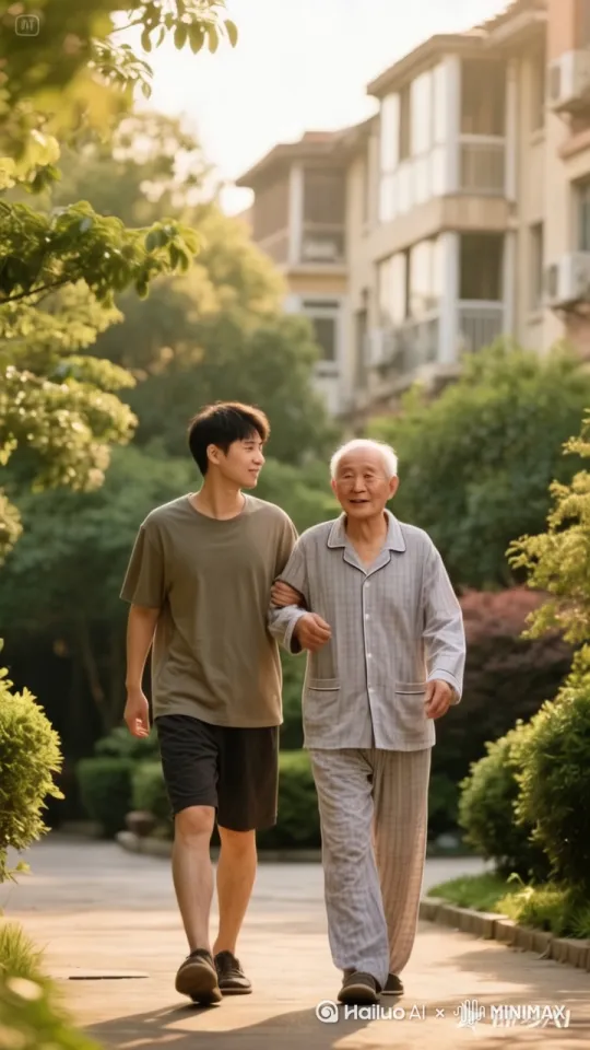 背景音：加入一些生活环境的白噪音，如炒菜声、轻声交谈的笑声、小区里孩子玩耍的远处声音等。 by Hailuo AI Video Generator