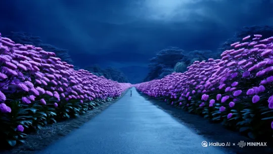 幽暗的天地之间，一条平静而神秘的看起来好像没有尽头的道路，道路两边开满了传说中的地狱之花，彼岸花！[推进,上升][推出,上升,下摇][右移,左摇,跟随][右摇,变焦推进][左移,上升] by Hailuo AI Video Generator