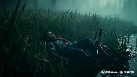 月色暗淡的夜晚，⼀处被⽩雾笼罩的沼泽地，⼀位12岁的少年躺在岸旁的草丛中。灰绿⾊的野草丰满⽽⾼耸，质地虽柔软，却能仍将少年托举起来。⽉⾊柔和，时隐时现，但能刚好照亮少年所在的空间。清⻛拂过，月光在云的浮动中显得更为扑朔；野草与少年的头发微微飘动。少年沉睡着，他戴着红领⼱，穿着蓝⽩⾊的校服，那⾐领和胸⼝都沾染了许多⾎迹；⾝旁还有⼀个倒下的红⾊⾃⾏⻋。
这是⼀个远景，[变焦推进]，⻆度略带俯视。构图的中央位置为少年，画⾯左半部分是草原，右半部分隐约能看到草丛中沼泽的沟壑。画⾯的视觉⻛格为塔可夫斯基的电影⻛格。 by Hailuo AI Video Generator
