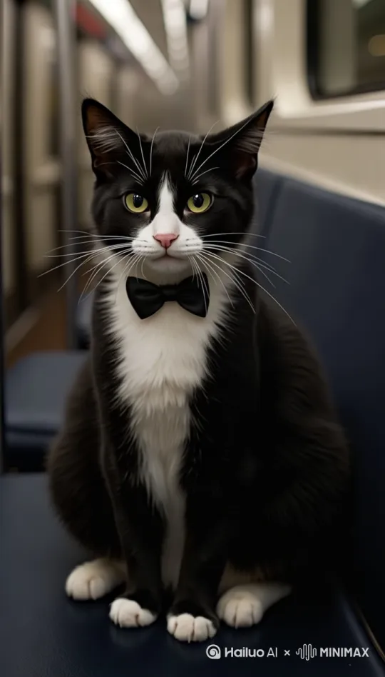 一只奶牛猫，有蝴蝶结，在地铁车厢，准备上班。
特写镜头，猫用爪子打了一个响指 by Hailuo AI Video Generator