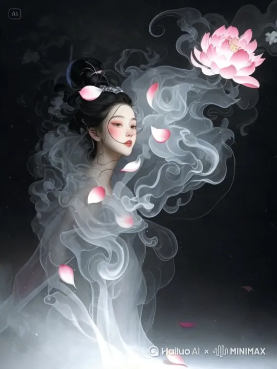 [0-2秒]  
深空渐变背景（深靛青→墨紫），星尘粒子缓慢旋转  
俯视镜头缓缓下移，烟雾如墨汁晕染开来（参考张大千泼墨山水流动感）

[3-4秒]  
中景推进：  
月白色层叠长裙女子侧立，发髻斜插白玉莲纹簪  
手指微抬接住飘落的花瓣（花瓣带半透明渐变粉）

[5-7秒]  
环绕运镜：  
女子衣袂与烟雾同步律动，粉樱花瓣沿黄金螺旋轨迹飘落  
底部柔光（模拟月光照透薄云）漫过裙摆

[8-10秒]  
特写镜头：  
右上角莲花由虚转实，花瓣渐次舒展露蕊  
光斑粒子从花芯迸发，画面水墨晕染褪色  
最终定格在禅意书法「空」字（枯笔飞白效果） by Hailuo AI Video Generator