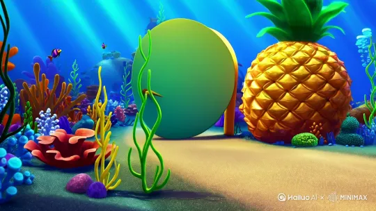 海绵宝宝从他的菠萝房子里走出来，走在路上并与派大星打招呼派大星热情的与他也打招呼。 by Hailuo AI Video Generator
