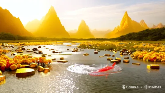 远处是金色的山峰,山脚下是宽阔的平原,平原上一条河流缓缓流动着,河两岸长满开着金色的花儿的植物,河里漂满金条、金乌龟、金元宝等,一条闪着金光的红色的巨大的鲤鱼从水面上从远处快速游来,鱼尾后留下一串串浪花儿,鱼儿游了一会儿突然临空一跃,带出一大片浪花跳到空中,空中张开一双巨手轻轻接住。 by Hailuo AI Video Generator