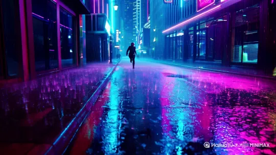 赛博朋克霓虹雨巷 (Cyberpunk neon rain alley) by Hailuo AI Video Generator