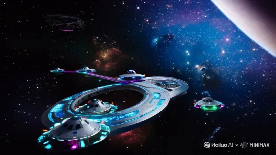 主题：星际跃迁中的未来空间站
画面描述：画面以深邃的宇宙星空为背景，远处点缀着闪烁的星云与恒星。镜头从浩瀚宇宙逐渐拉近，聚焦在一座环形的银白色未来空间站上，空间站表面覆盖着流线型的金属装甲与蓝紫色能量纹路。空间站外，多艘碟形飞船闪烁着霓虹色灯光，以动态轨迹穿梭、停靠。画面中心，一艘主色调为黑银的星际穿梭舰正启动跃迁程序，舰体周围扭曲时空，形成紫色能量漩涡，空间站内的观测窗前，身着银色科技感宇航服的科研人员注视着这一幕。
风格：硬核科幻风格，参考《流浪地球2》《星际穿越》的视觉质感，金属质感强烈，光影对比鲜明，能量特效炫酷，以冷色调（银灰、深蓝、紫）为主。
时长：25秒
镜头运动：从宇宙远景环绕拉近至空间站，再推进到星际穿梭舰启动跃迁的特写，最后以穿梭舰进入漩涡、画面闪烁白屏收尾。
音效/字幕：搭配充满科技感的电子音效，穿梭舰跃迁时加入能量嗡鸣声；结尾淡入白色科技感字体字幕“星际探索，永无止境” 。 by Hailuo AI Video Generator