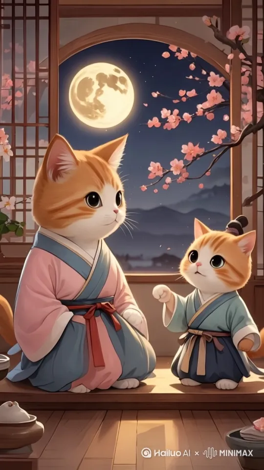 两只橘猫相互盯着对方。右边的小橘猫开口说话。左边大橘猫盯着右边小橘猫。场面温馨，画面色彩光线保持 by Hailuo AI Video Generator